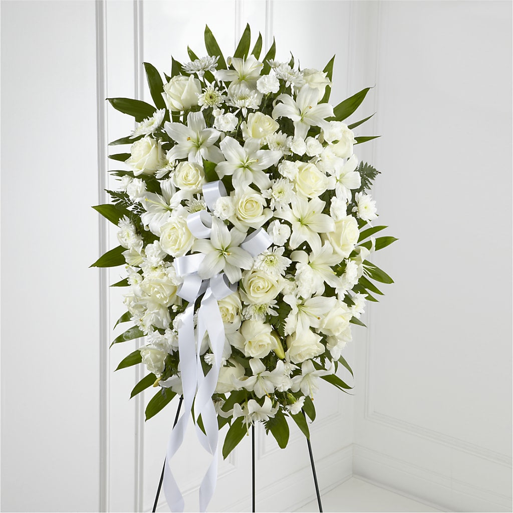 Exquisite Tribute Standing Spray-White Ribbon – COBORN'S INC FLORAL SHOPPES, Saint Cloud MN