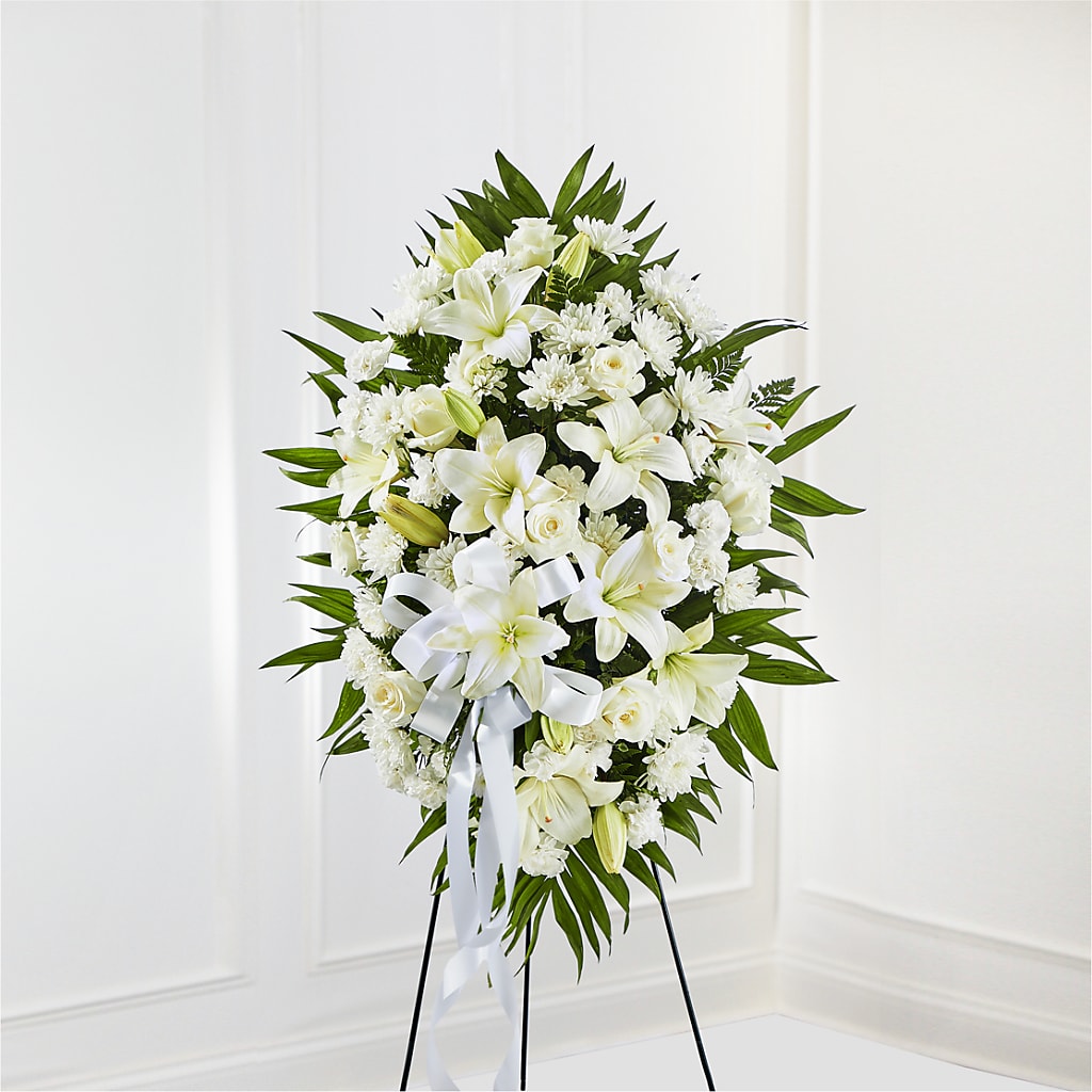 Exquisite Tribute Standing Spray-White Ribbon – COBORN'S INC FLORAL SHOPPES, Saint Cloud MN