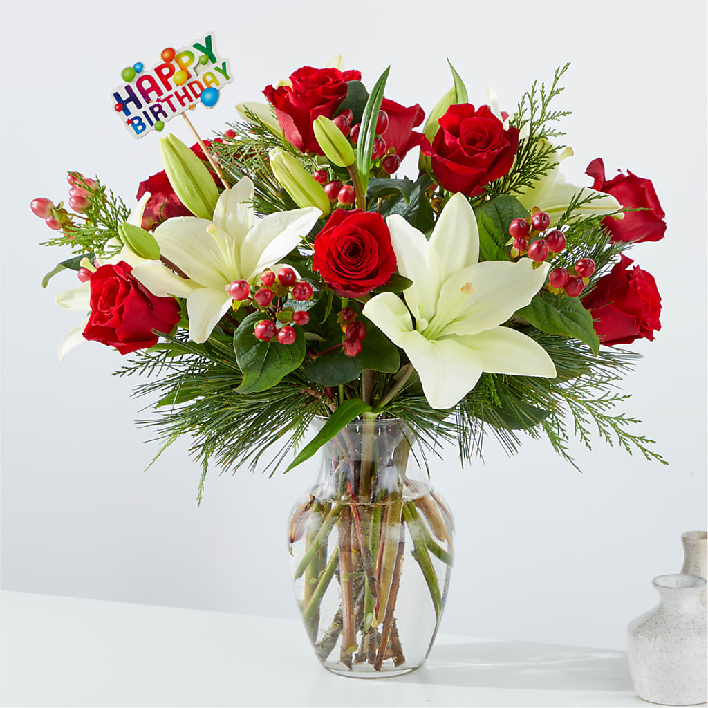 Evergreen Delight Bouquet & Happy Birthday Topper – COBORN'S INC FLORAL SHOPPES, Saint Cloud MN